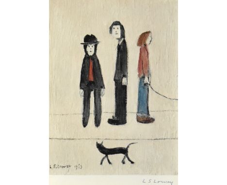 LAURENCE STEPHEN LOWRY RBA RA (1887-1976); ‘Three men and a cat’, print signed in ball point pen, studio blind stamp, 27.5 x 