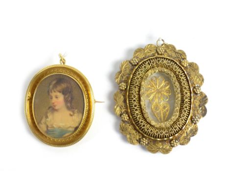 A Victorian yellow metal mourning brooch featuring glazed watercolour portrait miniature of a young girl to front and glazed 