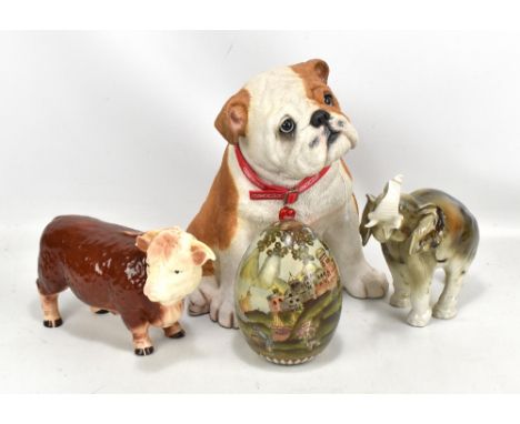 A mixed group of figures to include a Royal Dux elephant, a Mellor ware bowl, a Sandicast figure of a sitting bulldog, height