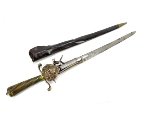 A rare 18th century German combined hunting sword and 150 bore flintlock pistol circa 1760, the slightly curved blade double 