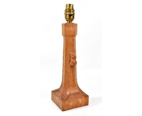 ROBERT THOMPSON OF KILBURN; a 'Mouseman' oak table lamp with carved mouse on square section base, height including fitment 31