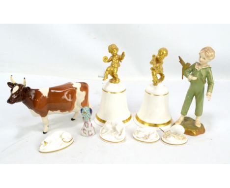A group of ceramic figures to include a Royal Worcester 'Parakeet' figure, modelled by F. G. Doughty, height 17cm (af), four 
