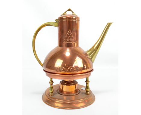 J P KAYSER &amp; SON; an Arts and Crafts copper and brass spirit kettle on stand with relief decoration, impressed marks to b