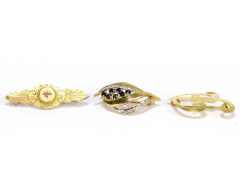 Three yellow gold brooches to include a Victorian 9ct diamond mourning brooch, a 9ct diamond and sapphire brooch, and a styli