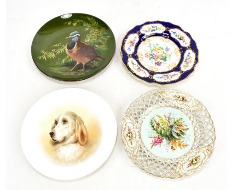 Four cabinet plates comprising two Minton examples, the first decorated with bird amongst foliage on green ground and indisti
