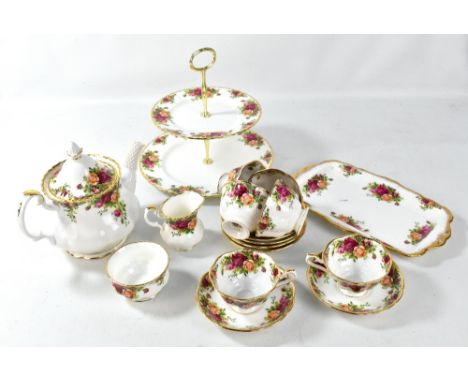 ROYAL ALBERT; an 'Old Country Roses' pattern part tea set including teapot and cake stand, some second quality.Additional Inf