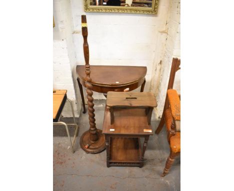 A 1920s mahogany demilune card table, sold together with a barley twist standard lamp, Edwardian occasional table and rustic 