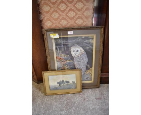 A 20th century collage depicting a perched owl, mounted, framed and glazed and sold together with the Victorian colour print 