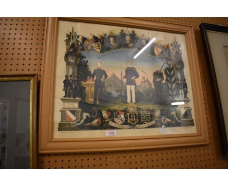 An early 20th century German coloured military print, decorated with various military figures and motifs. 39CM X 49CM