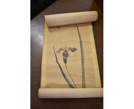 A Japanese hand decorated scroll depicting orchid with bee, seal and character marks, sold together with a framed Chinese pri