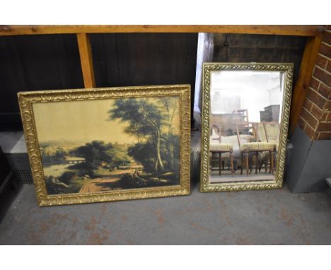 A modern gilt framed and bevelled rectangular wall mirror, sold together with a large modern gilt framed print.