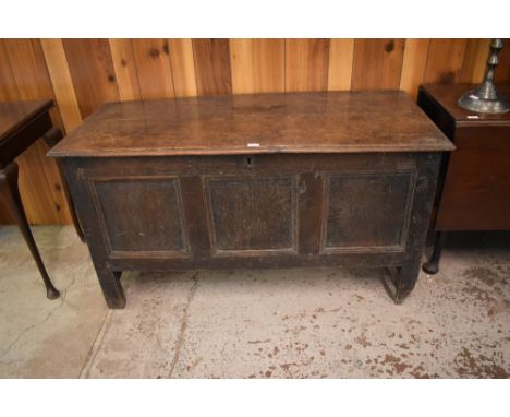A George III oak three panel coffer, of traditional design. Some adaptations and repairs  71CM x 130CM