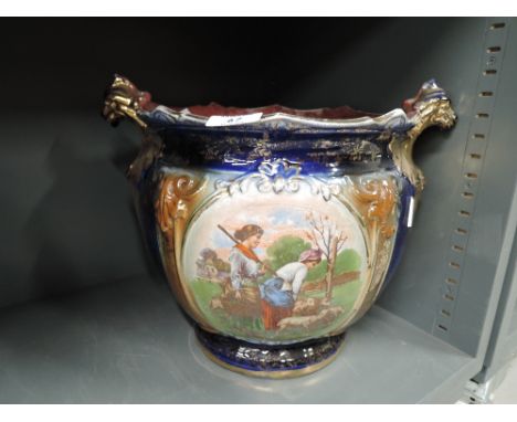 A vintage planter with transfer print of country workers