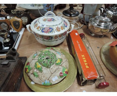 A selection of vintage ceramics and Pyrex rolling pin