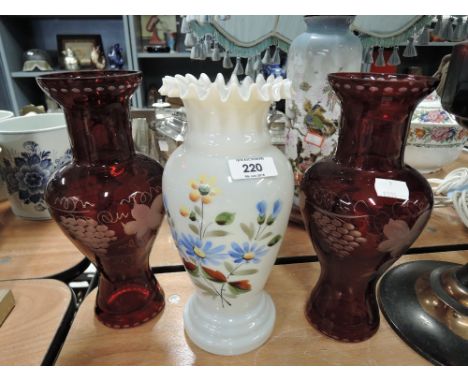 Three glass vases one hand painted, and two etched ruby 