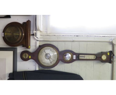 A 19th century rosewood banjo barometer with silvered dials and convex mirror 94cm high, and another brass dial barometer (2)