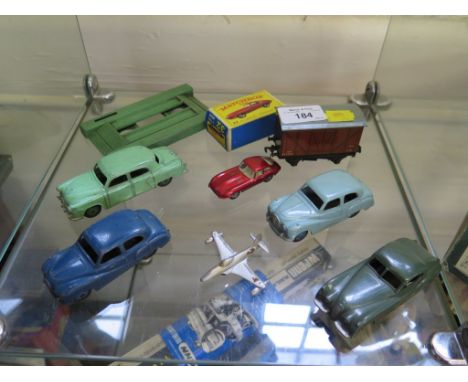 Dinky Toys: blue 40J Austin Somerset, light blue 161 Austin Somerset, Jaguar, Studebaker, Dublo wagon Crescent service ramp, 