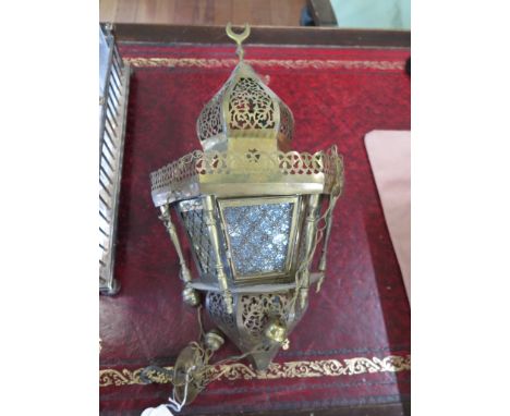 A Turkish brass ceiling lantern, 35cm high