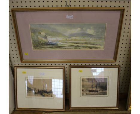 Glyn Heard Lower Town, Fishguard Watercolour 16.5cm x 44.5cm and a pair of handcoloured prints, sailing vessels in rough coas