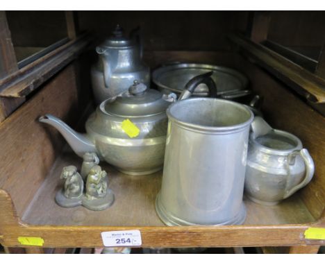 A Hampden pewter four piece tea service, other pewter wares, a glass oil lamp shade, coral, shells, glassware and other ornam