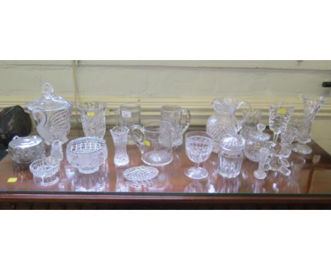 A collection of glassware, including vases, tankards, jugs, ring holders and a Ralph Lauren ornamental teddy bear