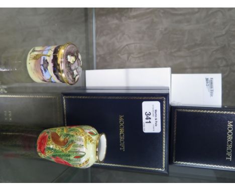 A Moorcroft enamel vase, Sweet Thief design, 7cm high, and a Samburu Giraffes design enamel box 4.5cm high, in original boxes