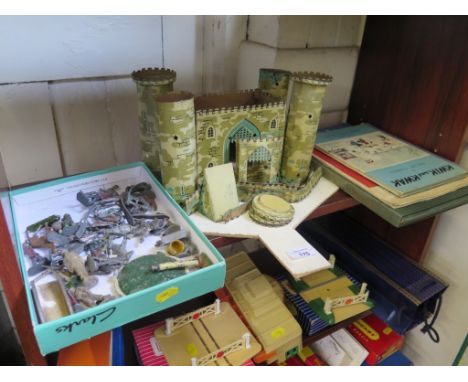 Chad Valley lithographed tinplate fort, assorted lead semi-flat figures and animals, three children's books and Rubaiyat of O