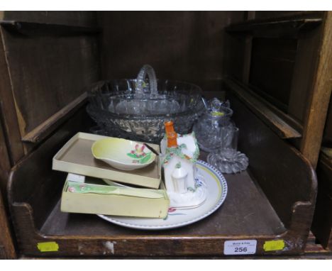 Two Carltonware butter dishes, a butter knife, a Poole pottery plate, a Victorian cottage pastille burner and various glasswa