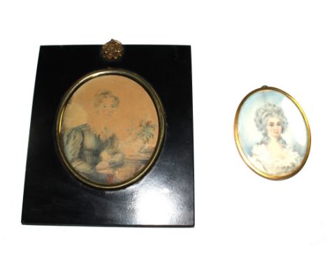 After Richard Cosway A 19th century oval portrait miniature of Mrs Dawson Dawson in gilt frame, 8.5cm high and another inscri