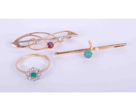 Three items of jewellery to include an 18ct yellow gold &amp; platinum flower cluster ring set with an emerald and surrounded