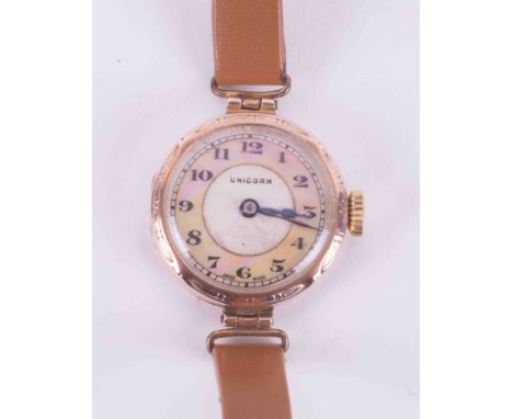 Rolex, a ladies 9ct yellow gold 'Unicorn' manual wind wristwatch, with R.W Co inside case (Rolex Watch Company) on tan strap.