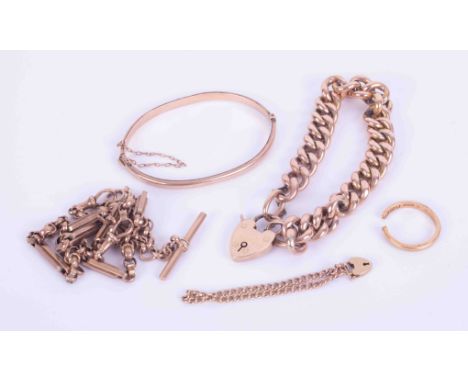A bag of mixed gold jewellery to include a 9ct curb bracelet with heart padlock &amp; safety chain, another fine 9ct curb cha