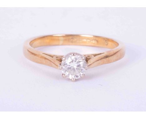 An 18ct yellow gold six claw ring set approx. 0.36 carats of round brilliant cut diamond, colour G to H and SI clarity, weigh