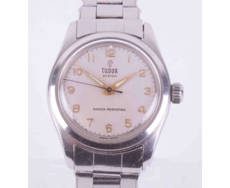 Tudor, a Oyster stainless steel manual wind wristwatch, with Rolex rivet bracelet, Arabic dial.Condition reports are offered 