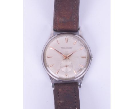 Jaeger-Le-Coultre, stainless steel cased vintage wristwatch with manual wind, gold baton, sub second dial, dial stained, the 