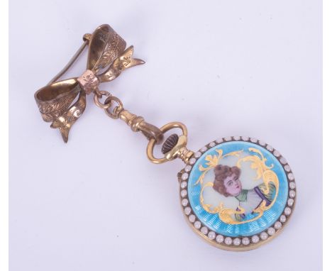 A ladies enamel fob watch with keyless movement, enamelled dial with Arabic numerals and gilt dots, the backplate enamelled w