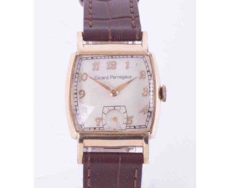 Girard-Perragaux, a gents 10k gold filled square face manual wind wristwatch, with brown leather strap.Condition reports are 