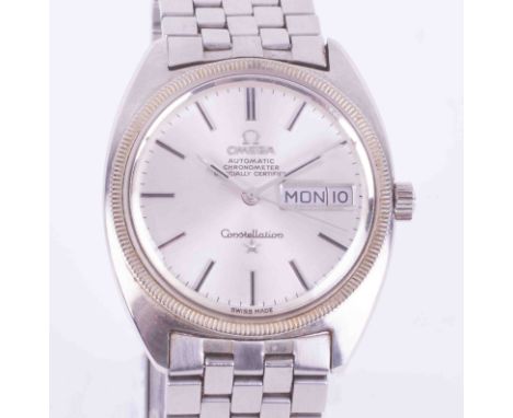 Omega, a gents 1960s/70s stainless steel and white metal Constellation automatic chronometer day date wristwatch, fluted beze