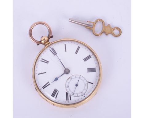 An 18ct gold open face key wind pocket watch, enamel Roman dial with sub seconds, hallmarked London 1854, the movement stampe