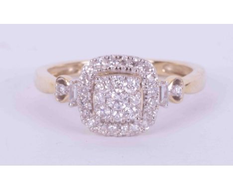 A 9ct yellow gold square cluster style ring set with round brilliant cut diamonds and baguette cut diamonds, approx. 0.28 car