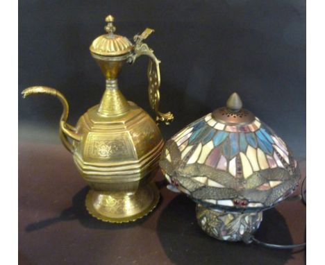 A Persian Brass Kettle, with engraved decoration together with a Tiffany style lamp 