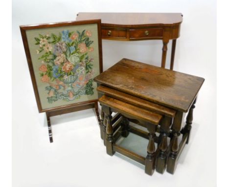 A Nest of Three Oak Occasional Tables, together with a mahogany side table and a tapestry fire screen