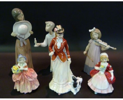 A Royal Doulton Figurine, Sarah, together with two other Doulton figurines, two Lladro figures and a Nao figure