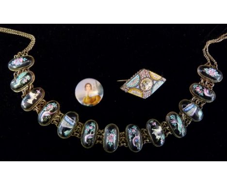 An Enamel Decorated Panelled Necklace, together with a micro mosaic lozenge form brooch and a small circular miniature, two d