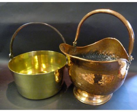 A Copper Helmet Shaped Coal Scuttle, together with a brass preserve pan