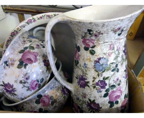 A Collection of Ceramics, to include majolica plates and a wash basin set