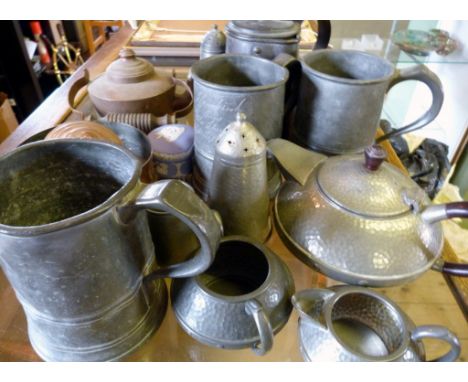 Three Early Pewter Mugs, together with a collection of other metalwares, to include a beaten pewter tea service