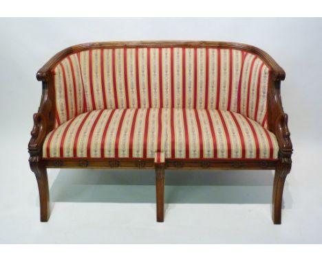 A Mahogany Louis XVI Style Sofa, with a reeded back and upholstered seat with scroll swan neck arms raised upon sabre front l