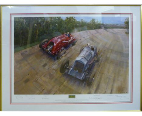 Terence Tenison Cuneo, 1907 - 1996
THE SPIRIT OF BROOKLANDS
Signed in pencil by Mort Morris-Goodall, George Harvey-Noble, Ian