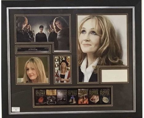 J.K. ROWLING, SIGNED HARRY POTTER DISPLAY, mounted with pen autograph on paper surrounded by photographs, framed and under gl